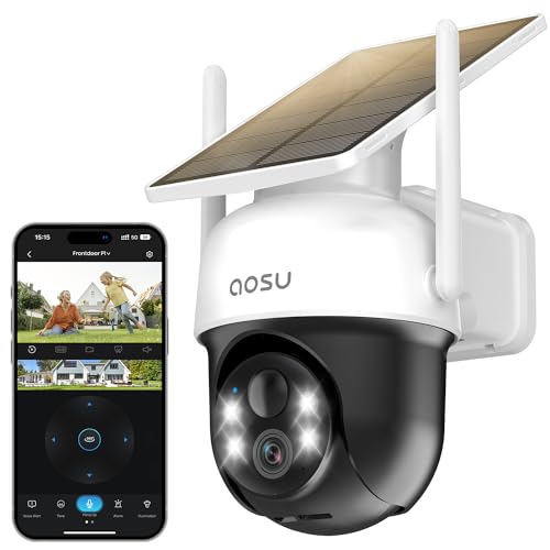 aosu 2K Überwachungskamera Aussen Solar Akku 3MP [360° PTZ Panorama, Integrierter Solarpanel] Kabellos PIR-Bewegungserkennung Automatische Verfolgung Farb-Nachtsicht Ton- & Lichtalarm 2-Wege-Audio