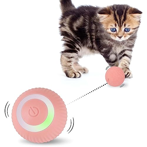 Mkitnvy Interaktives Katzenspielzeug Ball, Katzenball mit LED-Licht, 360° Selbstdrehender Elektronischer Katzenball, Stimulierung Jagdtriebs Lustiges Bälle Spielzeug für Katzen (Rosa)