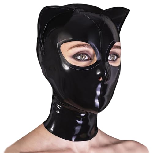 GREEFEI Schwarze Latex Gummi mit Ohren Cosplay Katzen Maske,Reißverschluss Hinten,Clubwear Accessoires Handgefertigt XXL