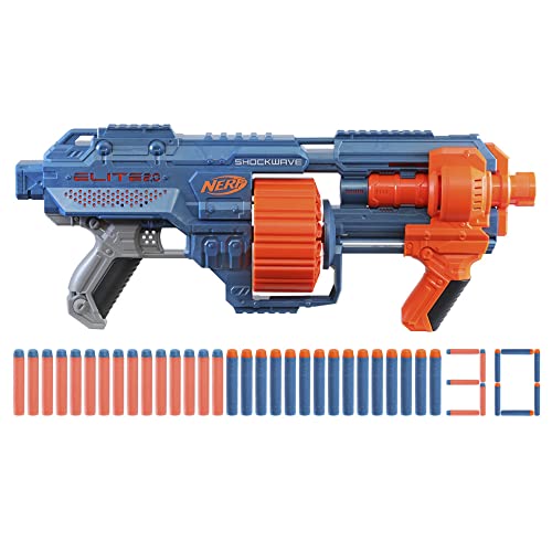 Nerf Elite 2.0 Shockwave RD-15 Blaster, 30 Nerf Darts, 15-Dart Rotationstrommel, Schnellfeuer mit Pump-Action, mit Erweiterungsoptionen, recyclebare Verpackung, für Jungen und Mädchen