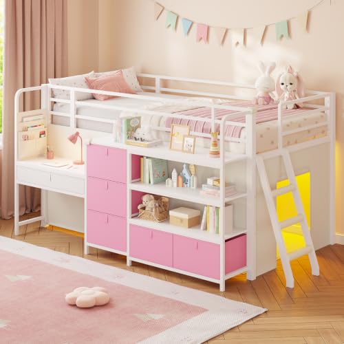 mojiasion Kinderhochbett 90x200, Weiß+Rosa