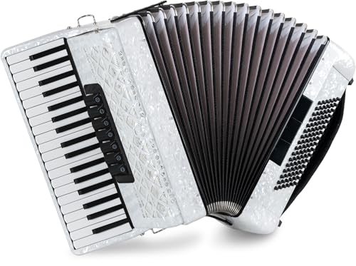 Classic Cantabile Secondo V Akkordeon 96 Bass weiß perloid – 37 Diskanttasten (G-g''), 3-chörig, 5 Register - Einsteiger Akkordeon inkl. Tasche & Tragegurte - für Musikschule & Zuhause