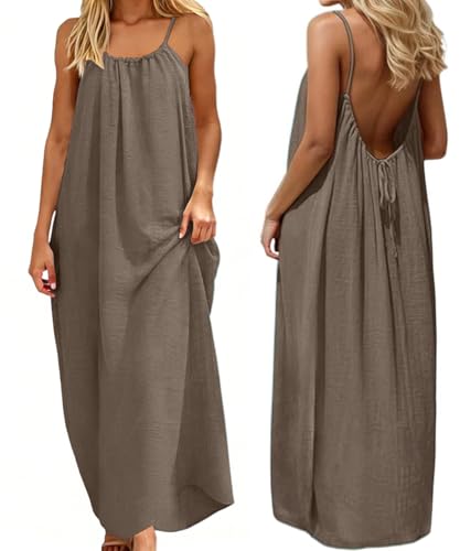 ABINGOO Sommerkleid Damen Lang Leinen Strandkleider Einfarbig Rundhals Lose Freizeitkleider Spaghetti Strap Maxikleid Rückenfrei mit Kordelzug(Braun,S)