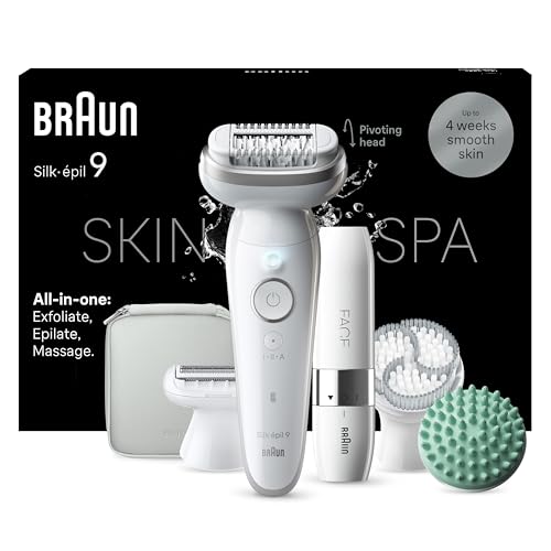 Braun Silk-épil 9 SkinSpa Epilierer Damen, All-in-One Set, Haarentferner für Langanhaltende Haarentfernung, Ladyshaver, Wasserdicht — Inkl. Facespa Gesichtshaarentferner — 9-381, Weiß/Silber