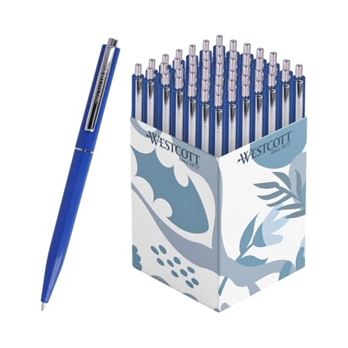 Westcott Kugelschreiber ALLTIME Blau 50 Stück | Vorteilspack Druckkugelschreiber mit blauer Tinte | Strichstärke M mit X20 Standardmine | Dokumentenecht ISO 12757-2 | Stabiler Metallclip | E-737456 00