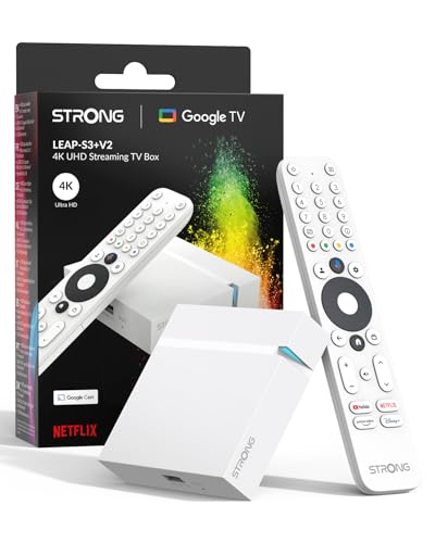STRONG LEAP-S3+V2 Streaming Smart TV Box 4K UHD – 2 GB RAM + 16 GB Speicher, HDR10+ & Dolby Vision/Atmos, WiFi 5 & BLE 5, Ethernet-Anschluss (RJ45), Sprachassistent, Weiß