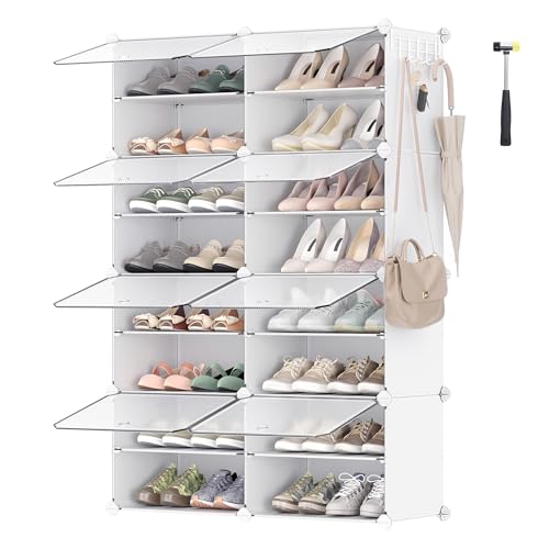 SONGMICS Schuhregal, Schuhschrank mit 8 Fächern, für Garderobe und Eingangsbereich, für bis zu 32 Paar Schuhe, anpassbar, wolkenweiß-transparent LPC034W01