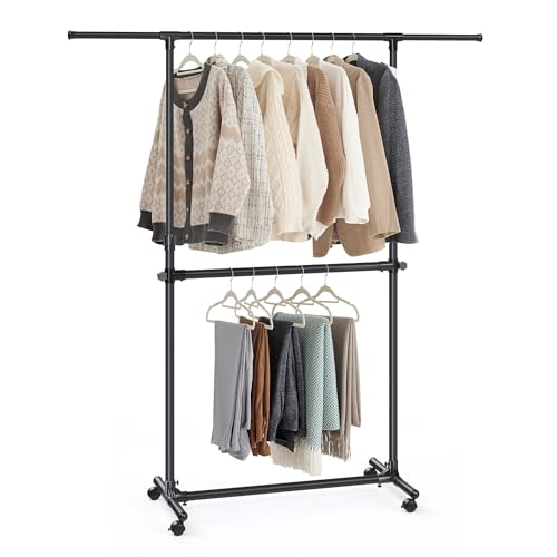 SONGMICS Kleiderständer mit 2 Kleiderstangen, ausziehbare Garderobenstange, mit Rollen, Garderobenständer, höhenverstellbar zwischen 113 und 180 cm, untere Stange verstellbar, schwarz LLR401B01
