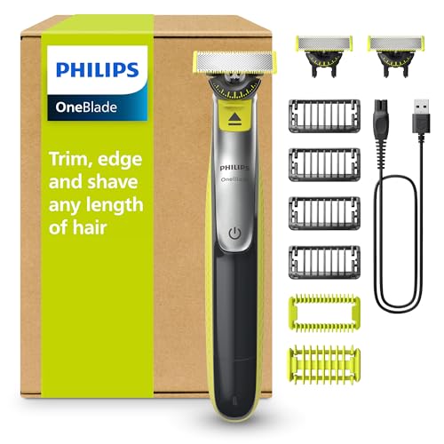 PHILIPS OneBlade 360 Face & Body - elektrischer Rasierer, Trimmer & Bodygroomer, 3x 360 Klingen, 4x Trimmaufsätze (1/2/3/5 mm), 2x Körperaufsätze, Nass- & Trockenrasur für Gesicht & Körper (QP2834/31)