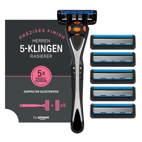 by Amazon 5-Klingen-Rasierer für Herren, Rasiergriff + 5 Ersatzklingen, doppelte Gleitfunktion für empfindliche Haut