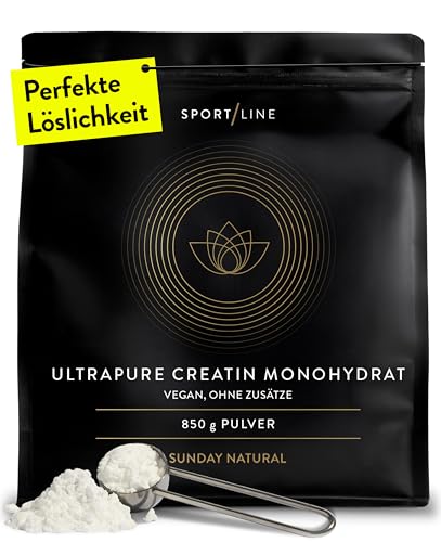 SUNDAY NATURAL® Creatin Monohydrat Pulver – 850g (250 Portionen) Ultrapure Kreatin Monohydrat - Mikrofeines Creatine Monohydrate für eine gute Aufnahme –nur Kreatin Pulver, ohne unnötige Zusätze,vegan