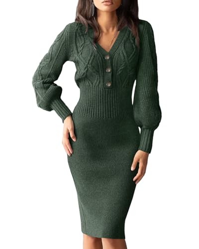 Cicy Bell Damen Strickkleid V-Ausschnitt Kleid Knielang Pulloverkleid mit Knopf Sexy Langarm Kleider Lang Winter Midikleid Dunkelgrün,S