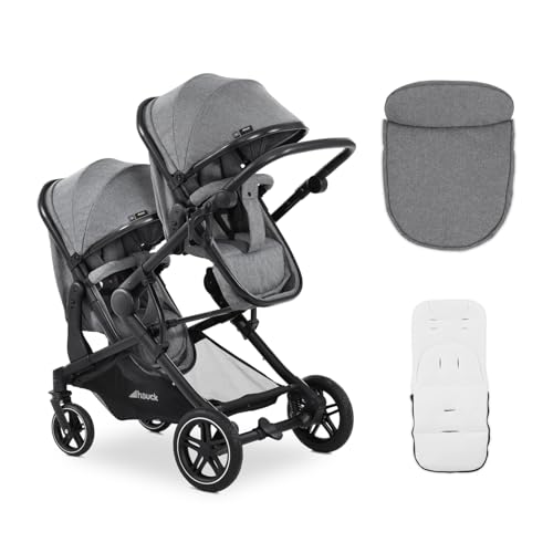 hauck Atlantic Twin, Melange Grey - Zwillingskinderwagen ab Geburt bis 15 kg je Kind - 2 Babywannen Umbaubar zu Drehbare Sportsitze mit Liegeposition - Faltbar - Höhenverstellbar - Gummi Räder
