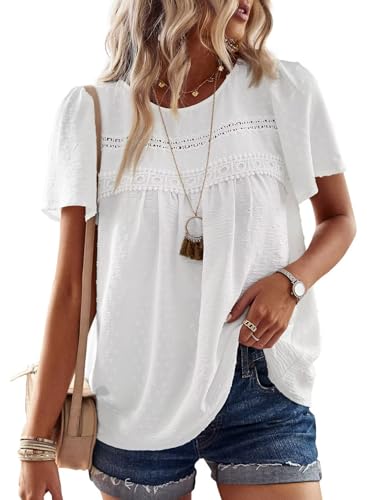 TUUHAW Damen Sommer Boho Häkelspitze Rundhals Top, Weiß