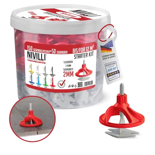 Nivilli SPINNY - STARTER-SET - 150 Laschen + 50 Zughauben! Profi Nivelliersystem, Fliesen & Naturstein Verlegehilfe, Zughauben + Gewindelaschen. Starter-Set 2mm, Materialdicke: 3-15mm