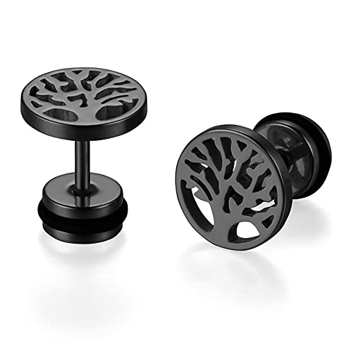 JewelryWe Schmuck Baum des Lebens Ohrstecker, Edelstahl Lebensbaum Runde Kreis Ohrringe für Herren Damen Tunnel Plug Ohrpiercing Barbell Stud Schwarz