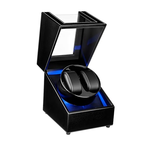 Mcbazel Uhrenbeweger 2 Uhr Automatik, Watch Winder mit LED-Licht 5 Modi Automatisch Drehbares Automatische Uhrenbeweger PU Leder Automatikuhren Uhrendreher USB-Aufladung – Schwarz