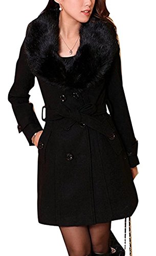ClairSue Damen Wintermantel Wollmantel Mit Faux Pelz Kragen Parka Herbstjacke Elegant Zweireihiger Trenchcoat Lang Mantel Übergangsjacke Dufflecoat Outwear Mit Gürtel (DE 42, Schwarz)