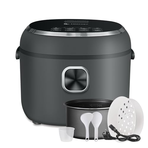 AMZCHEF Reiskocher 2L Mini für 1-4 Personen, 4 Tassen (Ungekocht), 400W Elektrisch Mit 7 Kochfunktionen, 12H Voreingestellte Zeit und Warmhalten, Antihaft-Innentopf, Tragegriff