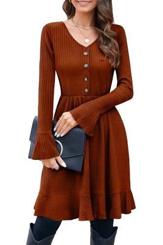 ULTRANICE Strickkleid Damen Herbstkleid Winterkleid Langarm Brown M
