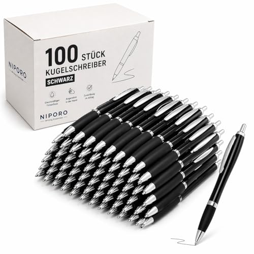 NIPORO 100 Kugelschreiber Blau oder Schwarz – alle mit blauer Tinte - Kugelschreiber Set weich schreibend, gleichmäßiger Tintenfluss, Soft-Grip – Vorratspack für Büro, Schule und Teams (100, Schwarz)
