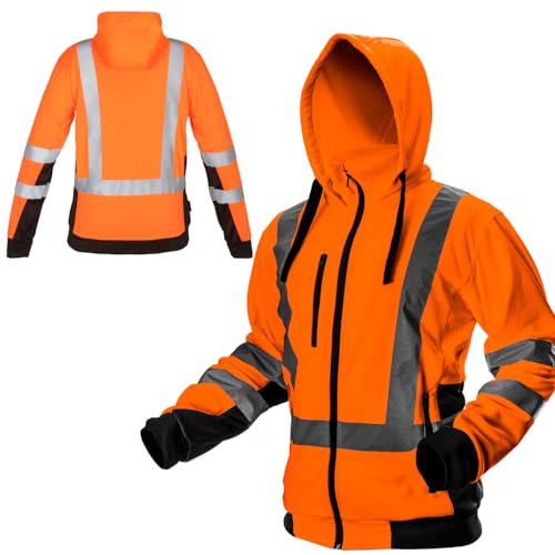 NEO TOOLS Herren Sicherheitsjacke mit reflektierenden Streifen, Warnschutzjacke mit Kapuze, Stehkragen, Innenfutter Fleece, Pulli Berufsjacke Warnjacke Langarm, orange, Gr.XL