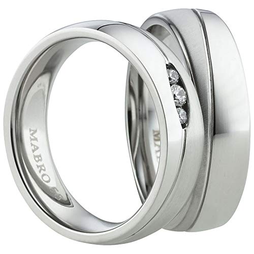 Paar Partnerringe & Eheringe aus Edelstahl 316L 6 mm – Freundschaftsringe mattiert & glänzend – Damenring mit 3 Zirkonia – innen & außen bombiert – Gravur möglich – Ringpaar Gr. 48 -74 |AB2012