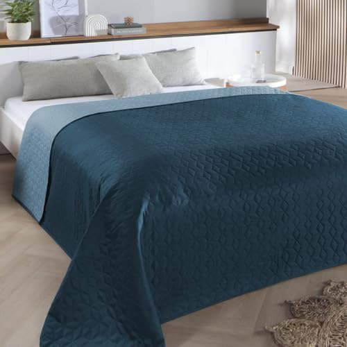 Delindo Lifestyle Tagesdecke Belford blau, Bettüberwurf für Doppelbett, einfarbig, Gesteppt, 220x240 cm