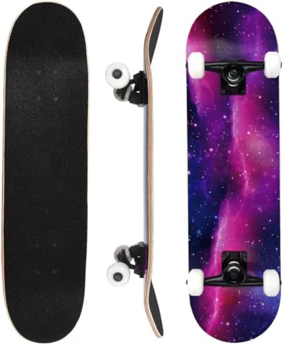 ERNAN Skateboard 31x8 Zoll Komplette für Kinder Jugendliche Erwachsene, komplettes Standard-Skateboards, 7 Schichten Ahorn-Deck, konkaves Skateboard (Purple Nebula)