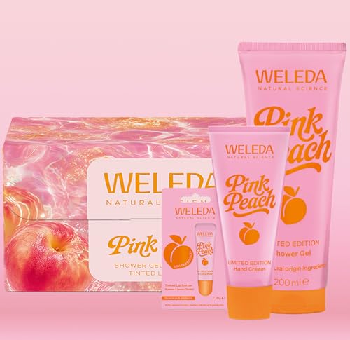 WELEDA Bio Pink Peach Limited Edition Geschenkset – Naturkosmetik Pflege Set mit Duschgel, Handcreme & Lippenbalsa – Pfirsich/Jasmin Duft – Natürliche Hautpflege, Handpflege & Lippenpflege