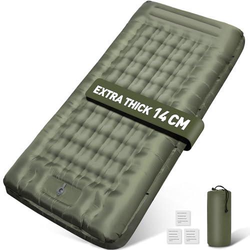 Flaow Isomatte Camping, 14CM Verbreitert und verdickt Aufblasbare Matratze mit Eingebauter Fußpresse Pumpe & Kissen, Wasserdicht, Anti-Ripstop Schlafmatte für Wandern, Strand, Reisen, Zelt(Grün)
