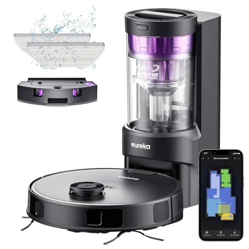 EUREKA E10s DE Saug- & Wischroboter + beutelloser Multi-Zyklon-Absaugstation (4000Pa, auto Teppicherkennung & auto Mop Lifting, LiDAR-Navigation, ideal gegen Tierhaare, App- & Sprachsteuerung) schwarz