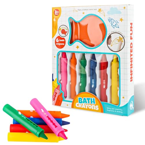 AWAMRWA Badewannenstifte - 6 Badestifte für Kinder Badewanne und 1 Schwämme Abwaschbare Farbe Stifte für Keramikoberflächen Badespass Badewannenfarbe Badewannenspielzeug ab 3 Jahre