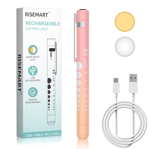 RISEMART Pupillenleuchte Diagnostikleuchte mit Pupillenmessgerät und Lineal,Warmes/Kühles Weiß, Aufladbar USB LED Stiftlampe für Krankenschwester Studentische Ärzte, Pen Light(Farbverlauf rosa orange)