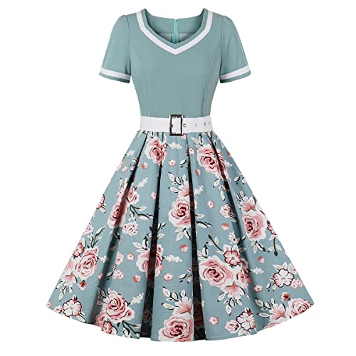 Rockabilly Kleider Damen 50er Jahre Petticoat Kleid Vintage Audrey Hepburn Kurzarm V-Ausschnitt Polka Dot Swing Coctailkleid Hochzeit Gast Festlich Knielang Sommerkleid Abendkleid Grün Blume L