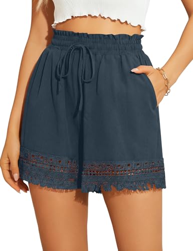 Rapbin Sommerkleid Damen Kurze Hosen Hohe Taille Shorts Kordelzug Elastische Casual Kurze Hose mit Taschen für Urlaub und Kurzreise Dunkelblau L