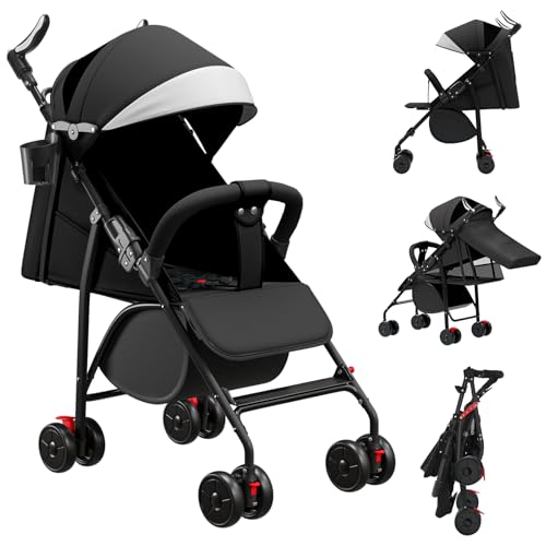 MUL-BOUTIQUE Kinderwagen ab 0-4 Jahre, 0-28 kg,reisebuggy mit liegefunktion，federleichter, kompakter Buggy, 3 Liegepositionen, flache Liegeposition, klein zusammenklappbar, Schultergurt (Schwarz)