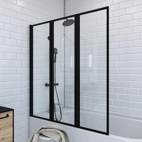 MARWELL Duschwand Duschabtrennung Triple Black 3-teilig 125 x 143 cm - faltbare duschwand für Badewanne in matt schwarz - 4mm Sicherheitsglas