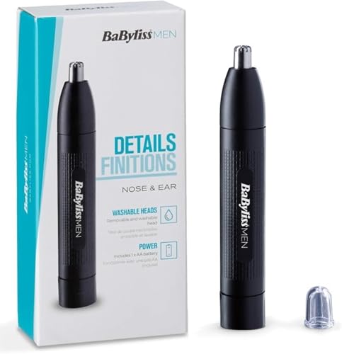 BaByliss Nasen- und Ohrenhaarschneider – Präzises 2-Klingen-System, batteriebetrieben, Edelstahl, leicht zu reinigen mit abnehmbaren Aufsätzen, Schwarz, E650E