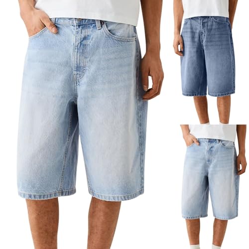 Streetwear, Baggy Kurze Jeans Herren Shorts Sommer Y2k Freizeithose Bermuda Hosen Loose Fit Weite Bein Kurz Jeanshose Männer Einfarbig Denim Hose Stretch Casual Streetwear Blau, S