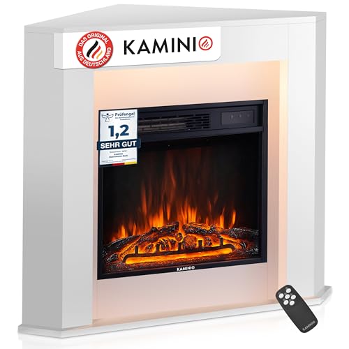 KAMINIO Elektrokamin Matti - Elektrischer Eckkamin mit Heizung, 3D-Flammeneffekt, LED-Ambientelicht, Fernbedienung - Ecke (Weiß)