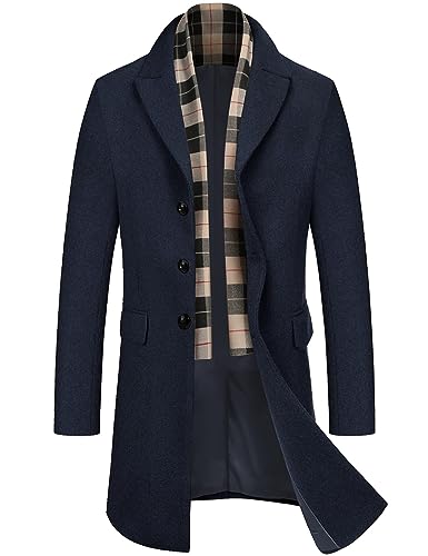 COOFANDY Herren Mantel mit Abnehmbaren Schal Wintermantel Navy blau M