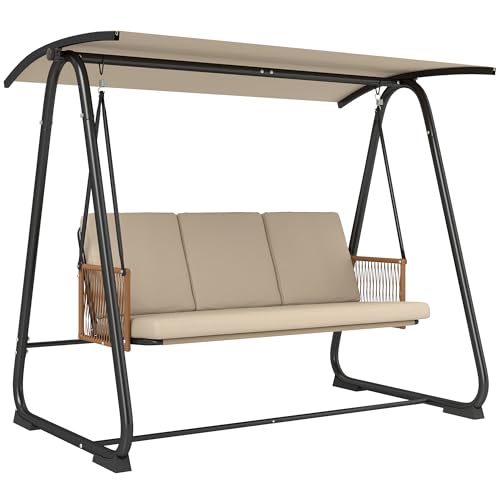 Outsunny Hollywoodschaukel 3-Sitzer Gartenschaukel mit verstellbar Sonnendach abnehmbar atmungsaktiv Sitzauflage Rattan-Arm, Metall UV 30+ Schaukelbank bis 360kg, 203 x 121 x 165 cm Sand
