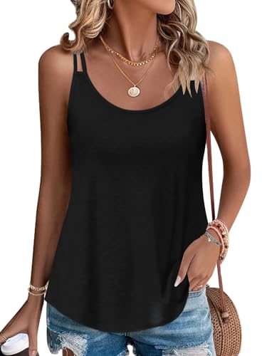 PLOKNRD Damen Tank Top Sommer Spaghetti Oberteile Ärmellose Rundhalsausschnitt Shirt Blusen Tops Schwarz XXL