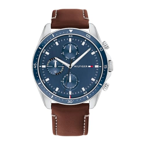 Tommy Hilfiger Herren Multifunktionale Quarz-Uhr 44mm - 3 Sub-Dials, Blaues Zifferblatt, Braunem Lederarmband, Wasserdicht bis 5ATM - 1791837
