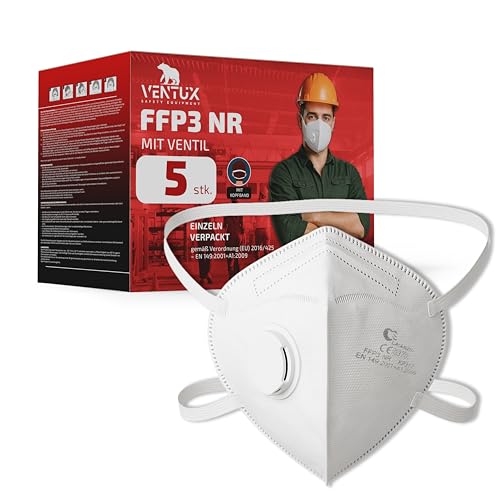 VENTUX SAFETY EQUIPMENT 5 Stück FFP3 Maske mit Ventil - CE Zertifiziert - Hochwertiger Atemschutz mit Hoher Filtration - Komfortabel und Ergonomisch - Ideal für Baustelle und Industrie