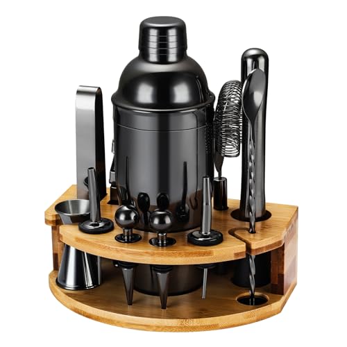 Cocktail Shaker Set, 12 Teiliges Edelstahl Bar Zubehör Set, 750ML Shaker Barkeeper Set mit Ständer, Ideales Cocktail Maschine Barkeeper Set für die Hausbar (Schwarz)