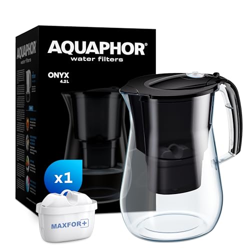 AQUAPHOR Wasserfilter Onyx Schwarz inkl. 1 MAXFOR+ Filter I 4,2L Wasserfilter in Glasoptik für I Karaffe I Reduziert Kalk & Chlor I Perfekt für die Familie I Premium Qualität I Stylischer Behälter