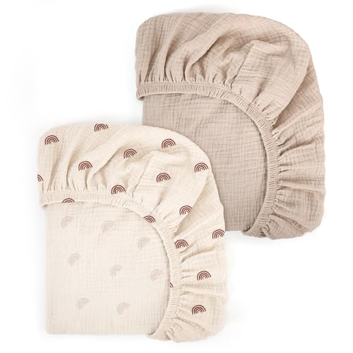 Peepeemax Musselin-Baumwolle Spannbettlaken 80x40cm, Kinderwagen Spannbettlaken Stubenwagen Matratzenbezug für Moseskorb, Babybett und Beistellbett für Jungen und Mädchen, 2er Pack, Regenbogen