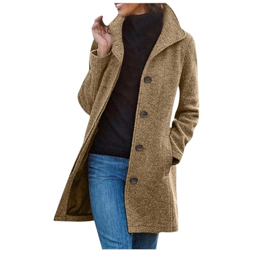 Generisch Wollmantel Damen - Herbst Winter Wollmantel Lang Trenchcoat Elegant Wintermantel Übergangsmantel Parka mit Reverskragen Langarm Cardigan Einfarbig Outdoor